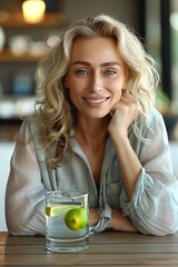 Wall Mural - Happy young  woman smiles with glass of lime water, enjoying health and freshness indoors