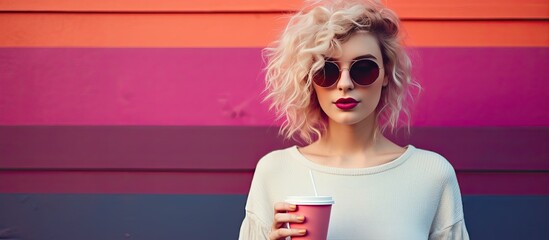 Sticker - Hipster girl holding a drink poses against a colorful background with copy space image