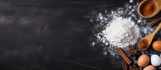 Aufkleber - A culinary background featuring baking ingredients like flour eggs sugar and a rolling pin on a black surface Top view with copy space image
