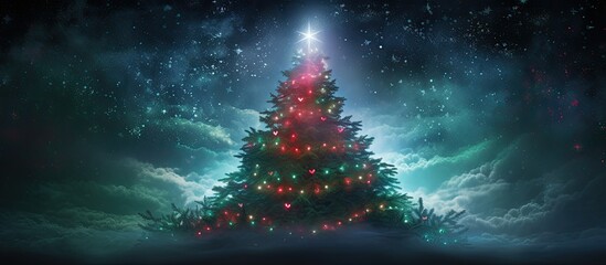 Poster - A vibrant Christmas tree with red lights and a hint of blue surrounded by lush green branches creating a stunning copy space image