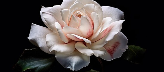Aufkleber - A vintage style painting of a white and pink rose blossom is captured in a detailed close up photograph with a black background and a painted aesthetic. Creative banner. Copyspace image