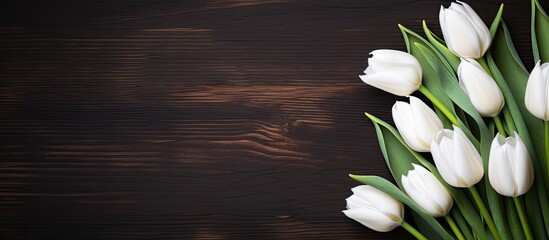 Poster - Spring themed white tulips displayed on a dark wooden background creating an eye catching and visually appealing copy space image