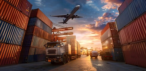 Photo of an airplane, cargo ship and truck on the highway with containers in background. On the left side is a white plane parked at an airport runway, next to it there's a yellow semitruck carrying a