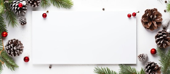 Poster - A festive Christmas and New Year holiday display featuring a blank white paper framed by natural fir tree branches pinecones and colorful decorations on a white flat lay background with copy space im