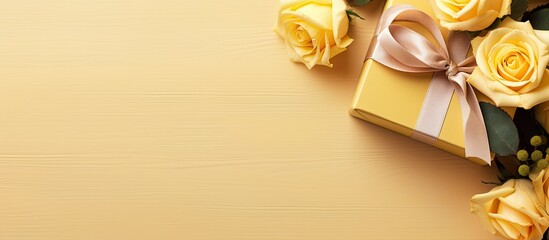 Wall Mural - Flat lay image featuring a gift box adorned with a golden bow and a stunning bouquet of roses all placed on a yellow background Copy space available for adding text
