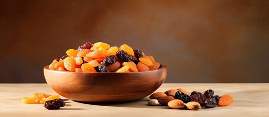 Aufkleber - A wooden bowl on a beige ceramic table filled with a mix of apricots raisins and nuts Ample copy space in the image