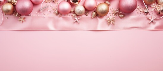 Fototapete - A festive pink Christmas border adorned with gifts and decorations The top down perspective showcases its allure providing ample room for text