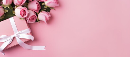 Fototapete - A top down view of a cluster of pink roses a white gift box a notebook and a vintage ribbon on a pink backdrop This setup is perfect for mother s day Valentine s day or a wedding event There s ample