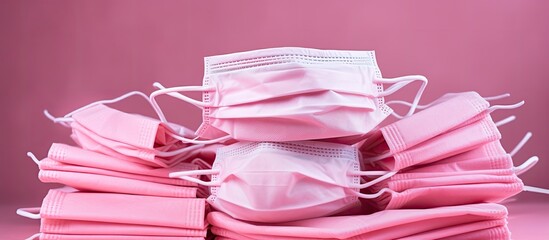 Sticker - A pink stock photo featuring a pile of medical face protection masks with copy space image