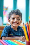 Smiling young boy enjoying his time in the classroom Fictional Character Created By Generative AI. 