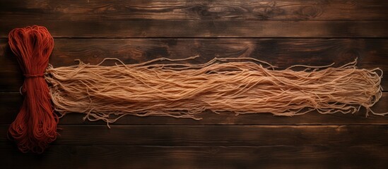 Poster - A copy space image of spaghetti tied with twine sits atop a rustic wooden table viewed from above