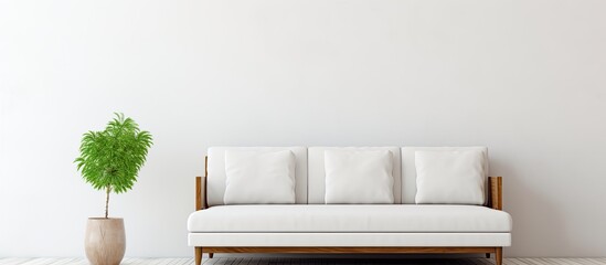 Poster - There is a copy space image of a laptop placed on a sofa against a white wall background