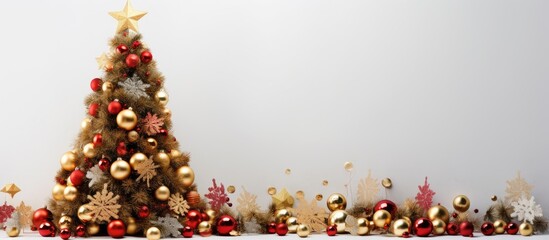 Poster - A festive Christmas tree adorned with red and golden ornaments creating a beautiful copy space image against a white background