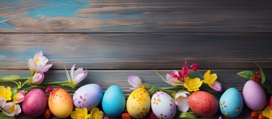 Fototapete - A festive Easter spring card with colored eggs placed on a wooden background providing a perfect copy space image
