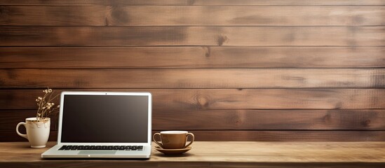 Fototapete - A wooden office desk with a laptop a cup of coffee and various supplies Copy space image