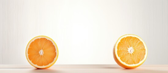 Poster - The cut halves of two oranges are positioned on a white wooden table leaving empty space for an image. Creative banner. Copyspace image