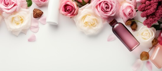 Aufkleber - Top view of fancy healthcare bottles containing serum micellar water tonic toner lotion and cream with rose flower in an organic spa cosmetics concept The image is a mockup template with copy space
