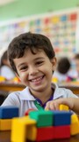 Smiling little boy playing with colorful blocks Fictional Character Created By Generative AI. 