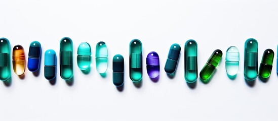 Aufkleber - A colorful assortment of medicine capsules in shades of blue and green displayed against a white background providing ample copy space for text or other creative elements in the image