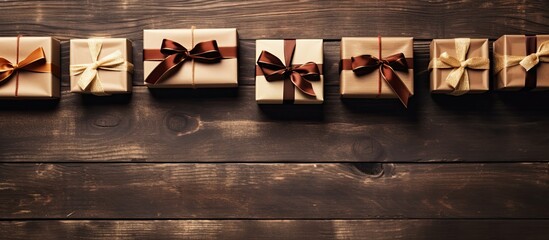 Poster - Top view of gift boxes on a wooden background with ample space for adding images or text