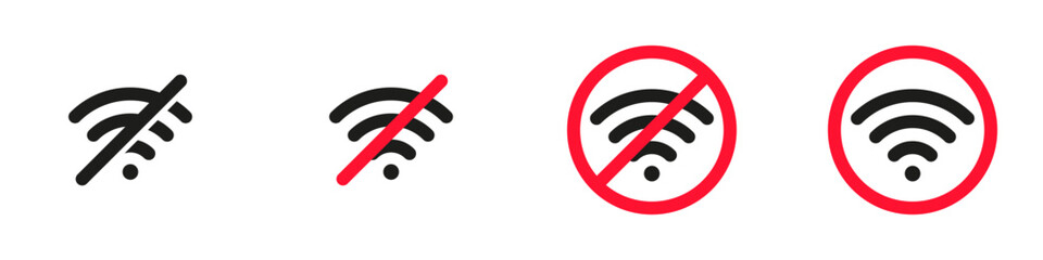Poster - No wifi signal icon set. Forbidden wifi use. Internet service ban icon. Network signal error sign. Connection lost symbol. Vector illustration.