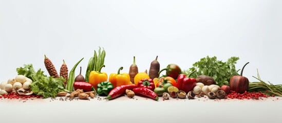 Poster - Gray background image with assorted pepper types and blank space for text. Creative banner. Copyspace image