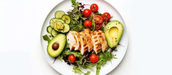 Poster - A healthy lunch featuring grilled chicken fillet and vegetable salad topped with avocado photographed from above with a white background The image provides empty space for text or other additions