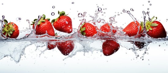 Poster - A copy space image featuring ripe strawberries submerged in a vibrant water splash against a white background