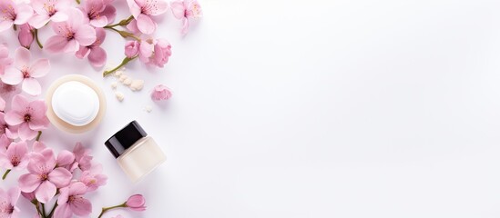 Poster - White paper background with spa cosmetic products arranged in a flat lay style Ideal for creating copy space image