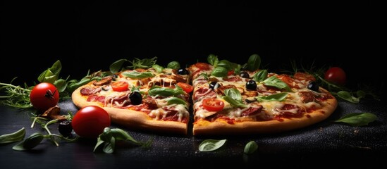 Aufkleber - The image features a vegetarian pizza on a dark background. Creative banner. Copyspace image