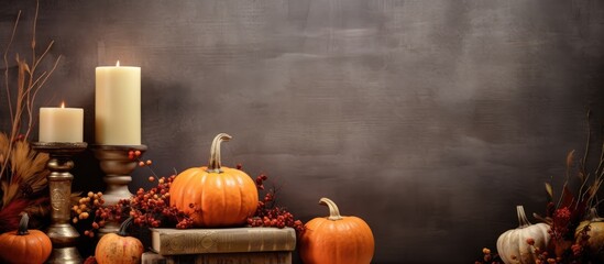 Poster - A still life arrangement on a white background with vintage books a wooden frame dry maple leaves golden gift boxes red pumpkins candles and decorations This copy space image embodies the essence of