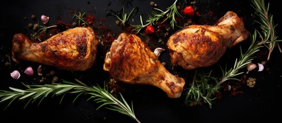Poster - A top down view of fried chicken legs garnished with rosemary garlic and chili with a blank space for additional visuals