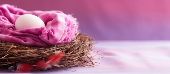 Leinwandbilder - A brightly colored Easter egg rests in a cozy nest on top of a delicate pink table offering plenty of blank space for additional images or text