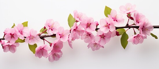 Leinwandbilder - Flat lay image of a cherry tree branch adorned with exquisite pink blossoms set against a light background Ideal for adding text. Creative banner. Copyspace image