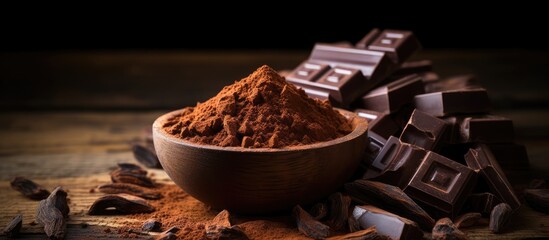 Poster - Close up image of cocoa powder and dark chocolate arranged on an aged wooden table creating an enticing composition with ample copy space