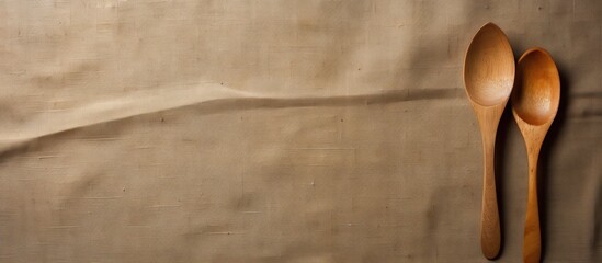 Aufkleber - Top view of a copy space image featuring a wooden spoon and fork placed on a background of sackcloth