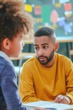 A Black Man and a Little Boy Discussing Their Day at School Fictional Character Created By Generative AI. 