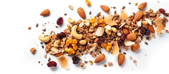 Aufkleber - Top view of a homemade granola with a variety of nuts and seeds spread on a baking sheet Perfect as a healthy breakfast option with a white background and enough space for additional images or text
