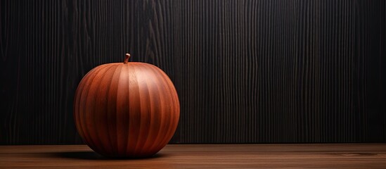 Poster - A decorative flat wood apple shape is placed on a dark wood background creating a fall themed copy space image
