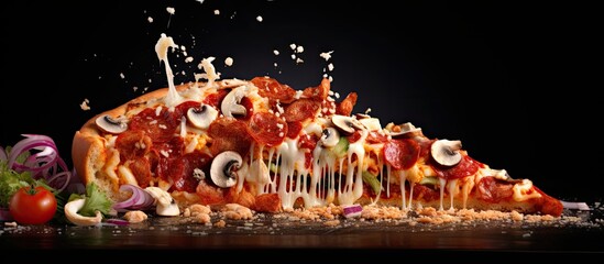 Poster - a slice of scrumptious pizza with a variety of toppings. Creative banner. Copyspace image