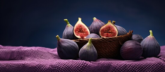 Wall Mural - Eight fresh purple figs presented in a black wicker basket gracefully set on top of a purple lace tablecloth creating an inviting scene for this copy space image