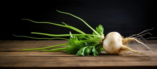 Poster - An image of horse radish on an aged wooden table with empty space for additional content