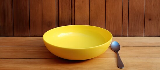 Aufkleber - Copy space image available for design work with an empty yellow plastic dish and spoon on a wooden floor