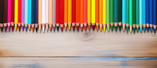 Aufkleber - Old wooden table with blank paper and colorful pencils ready for creative use in a copy space image