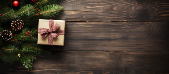 Aufkleber - A festive holiday backdrop or greeting card featuring a beautifully wrapped Christmas gift box adorned with a branch of fir tree and decorations placed on a wooden table The image is captured from a