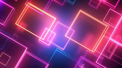 Poster - digital background with neon squares, Modern wallpaper with glowing vertical geometric shapes and lines