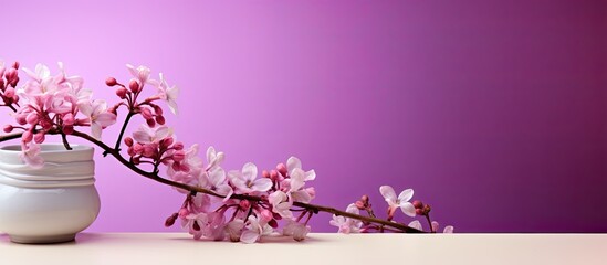 Fototapete - A blooming branch on a lilac background with decorative podiums creating a visually appealing copy space image