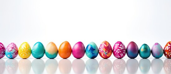 Aufkleber - Blurred and colorful Easter eggs are displayed on a white background with ample space for text or other images 112 characters