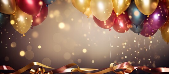 Poster - A festive banner showcasing gold serpentine colorful balloons with confetti set against a shiny bokeh light background Perfect for parties birthdays or greeting cards featuring a copy space image