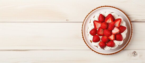 Poster - Top view of a delectable American strawberry dessert placed on a white wooden table The sweet dish features a combination of tart cake and pastry creating a mouthwatering treat Ample copy space image